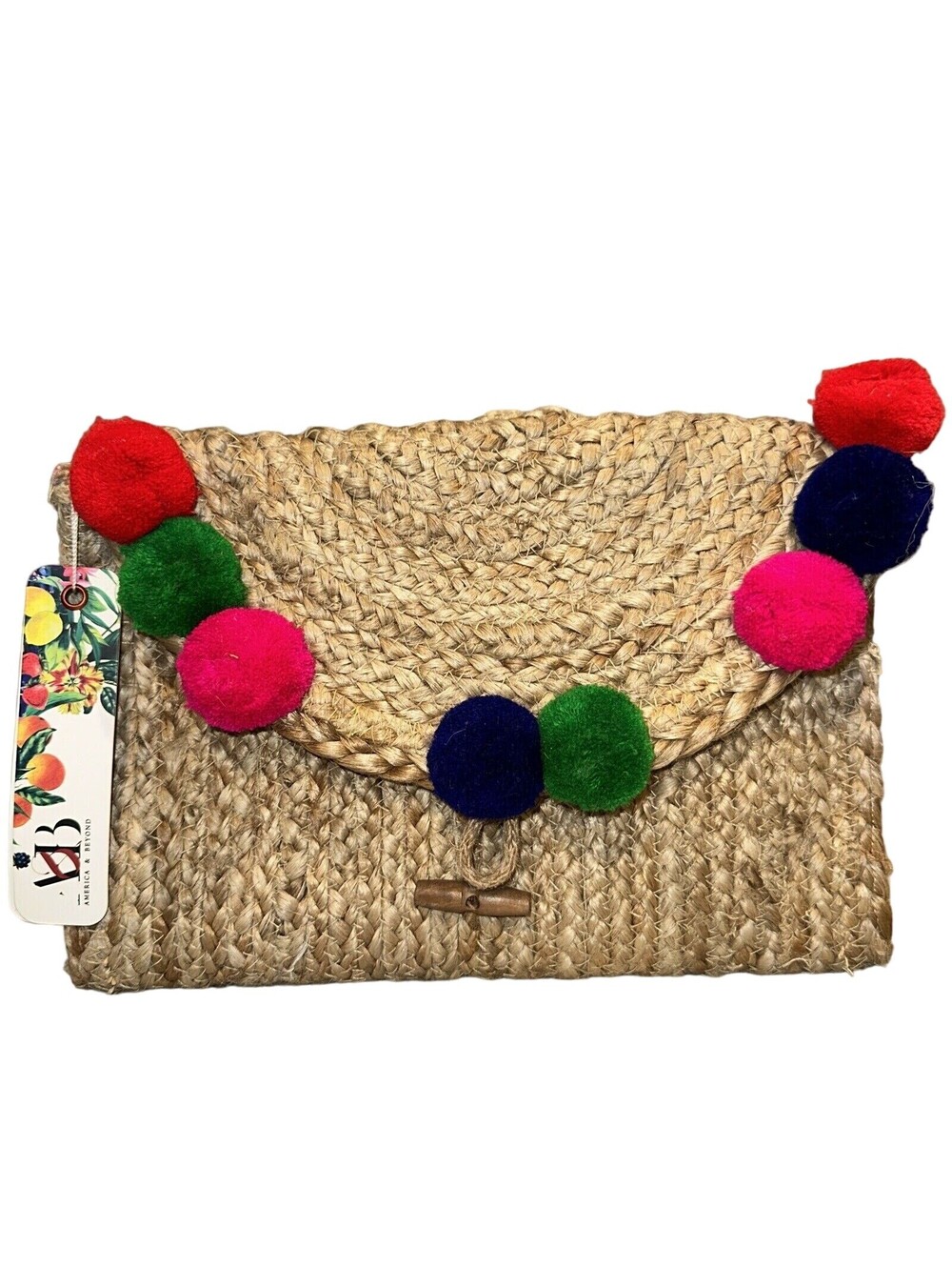 America & Beyond Pom Pom Straw Clutch Handmade Upcycled Jute Straw Handbag NEW